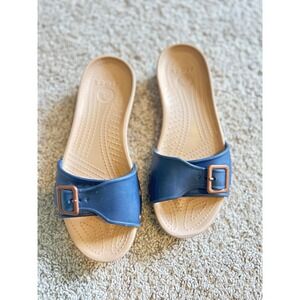 Crocs Sara Buckle Navy Blue Beach Resortwear Slip On Sandal Comfort Shoe SZ 7